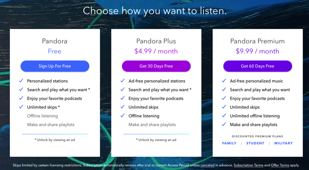 Pandora Premium for free